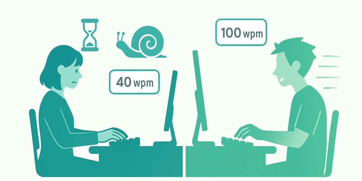 遅いタイピストと早いタイピストのイラスト比較 / Illustration: slow vs fast